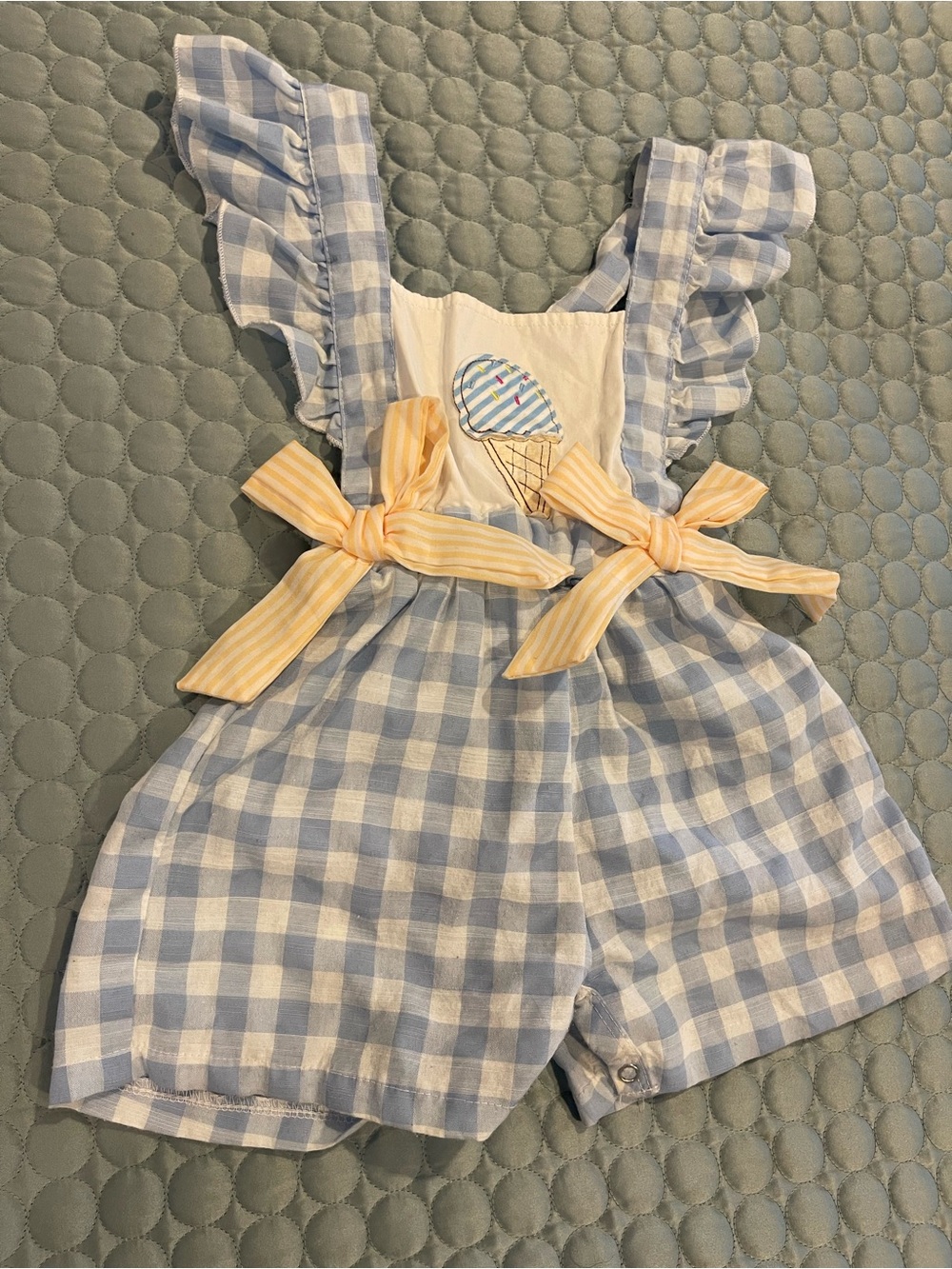 Marie Nicole Gingham Girls' Romper Blue Yellow Cotton Ice Cream Appliqué 2XS